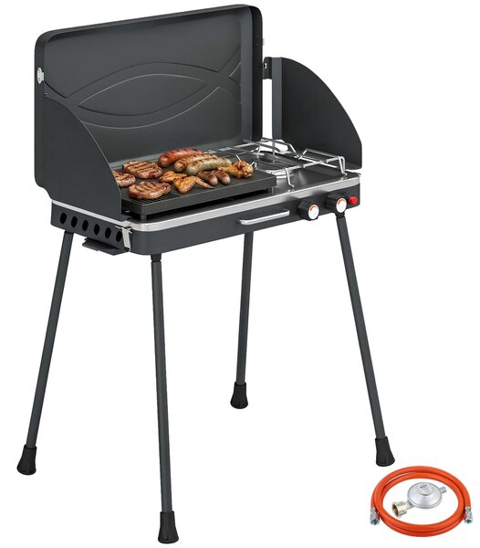 Barbecue a gas portatile a 2 fuochi da 7 kW, barbecue da tavolo 2 in 1 con gambe pieghevoli, griglia, paravento, coperchio e chiusura