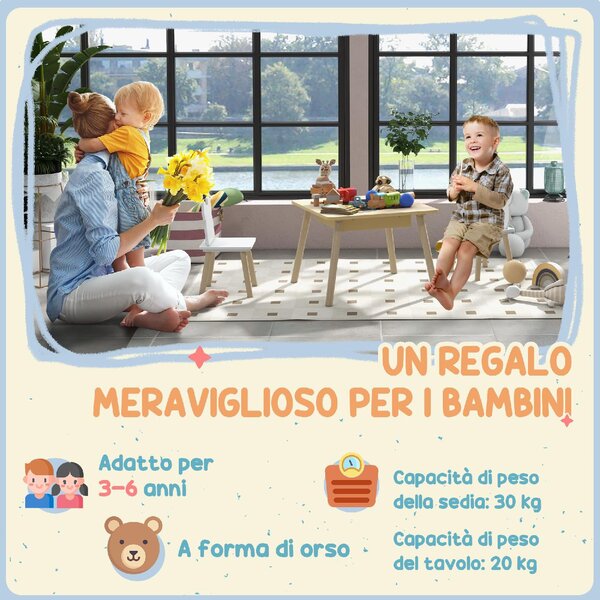 DecHome Set Tavolo 3 in 1 e 2 Sedie per Bambini con Schienale a Orsetto Et 3-6 Anni colore Legno