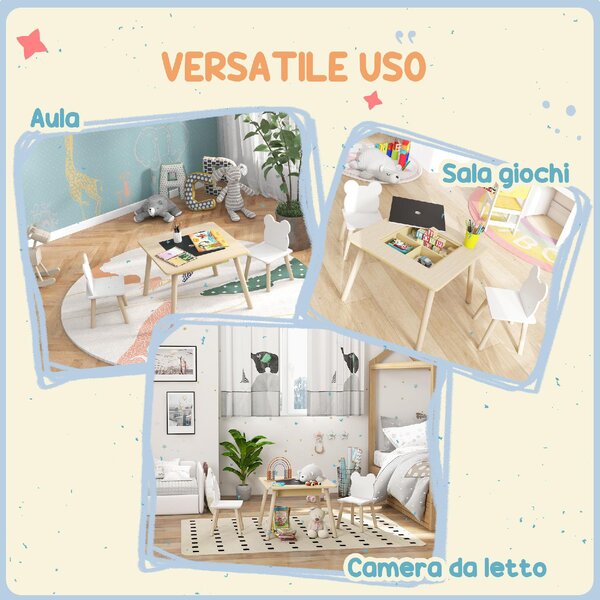 DecHome Set Tavolo 3 in 1 e 2 Sedie per Bambini con Schienale a Orsetto Et 3-6 Anni colore Legno
