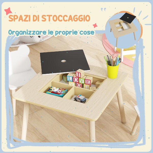 DecHome Set Tavolo 3 in 1 e 2 Sedie per Bambini con Schienale a Orsetto Et 3-6 Anni colore Legno
