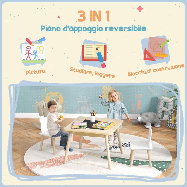 DecHome Set Tavolo 3 in 1 e 2 Sedie per Bambini con Schienale a Orsetto Et 3-6 Anni colore Legno