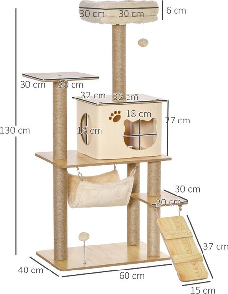 AllMyPets Tiragraffi per Gatti Albero Tiragraffi Multilivello con Casetta Amaca Scaletta e Corde in Juta Rivestimento Peluche 60x40x130cm Giallo - 