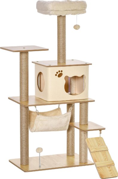AllMyPets Tiragraffi per Gatti Albero Tiragraffi Multilivello con Casetta Amaca Scaletta e Corde in Juta Rivestimento Peluche 60x40x130cm Giallo - 