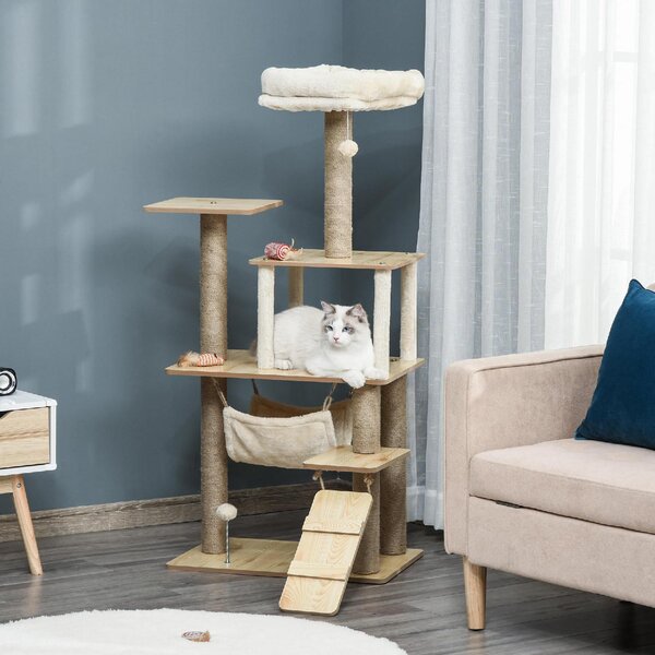 AllMyPets Tiragraffi per Gatti Albero Tiragraffi Multilivello con Casetta Amaca Scaletta e Corde in Juta Rivestimento Peluche 60x40x130cm Giallo - 
