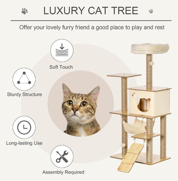 AllMyPets Tiragraffi per Gatti Albero Tiragraffi Multilivello con Casetta Amaca Scaletta e Corde in Juta Rivestimento Peluche 60x40x130cm Giallo - 