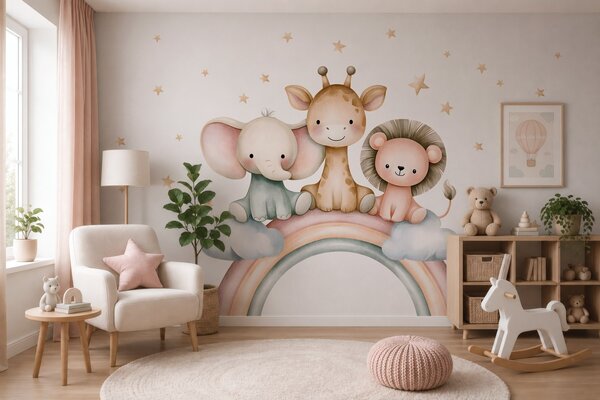 Carta da parati un arcobaleno con animali tra le stelle, in stile acquerello, Carta da parati Buffer, w05752 : Uwalls.it