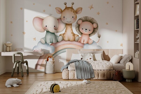 Carta da parati un arcobaleno con animali tra le stelle, in stile acquerello, Carta da parati Buffer, w05752 : Uwalls.it