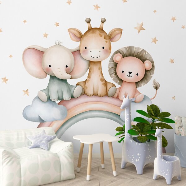 Carta da parati un arcobaleno con animali tra le stelle, in stile acquerello, Carta da parati Buffer, w05752 : Uwalls.it