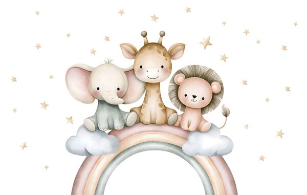 Carta da parati un arcobaleno con animali tra le stelle, in stile acquerello, Carta da parati Buffer, w05752 : Uwalls.it