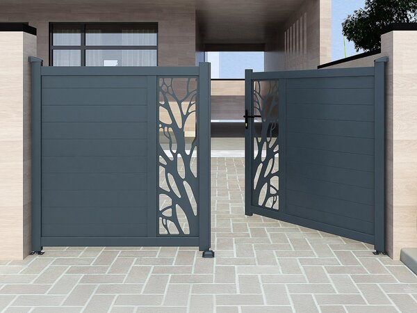 Cancello a battente in kit L357 x H187 cm Alluminio semi traforato con motivi Antracite - LABRIT II