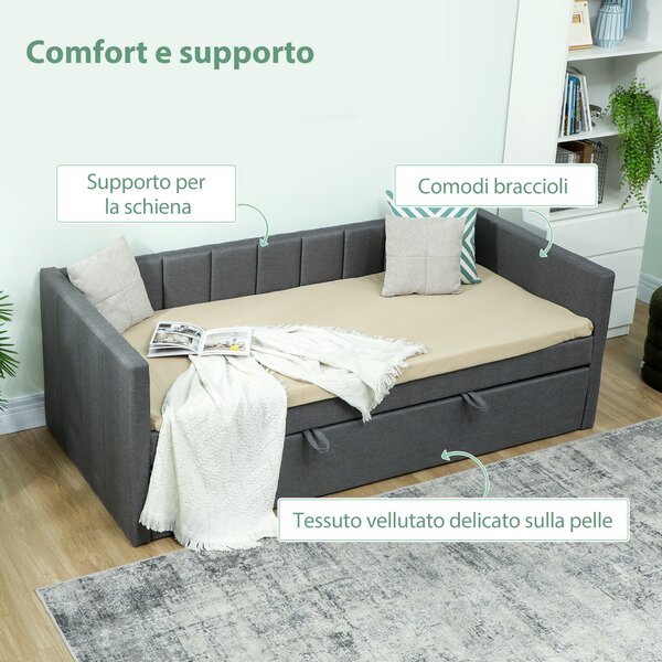 HOMCOM Letto Singolo con Secondo Letto Estraibile, Rivestimento in Tessuto e Braccioli, 205x181x70 cm, Grigio Scuro | Aosom Italy