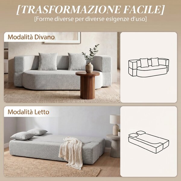 HOMCOM 2 in 1 Divano Letto 2 Posti con 2 Cuscini Sfoderabili, Braccioli, Seduta Imbottita, in Ciniglia, Grigio Chiaro | Aosom Italy