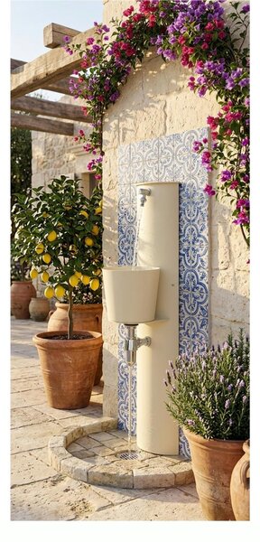 Fontana da Parete Giardino con Rubinetto e Secchio Dimensioni 30x25xh 119 cm - peso 11,5 kg con tubo rubinetto, Garantita contro la ruggine Colore Avorio