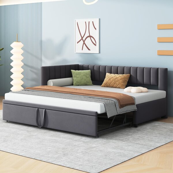 Letto imbottito 90x200 cm, grigio, divano letto a L con letto estraibile, rivestito in velluto, ideale per ottimizzare lo spazio nelle camere da letto