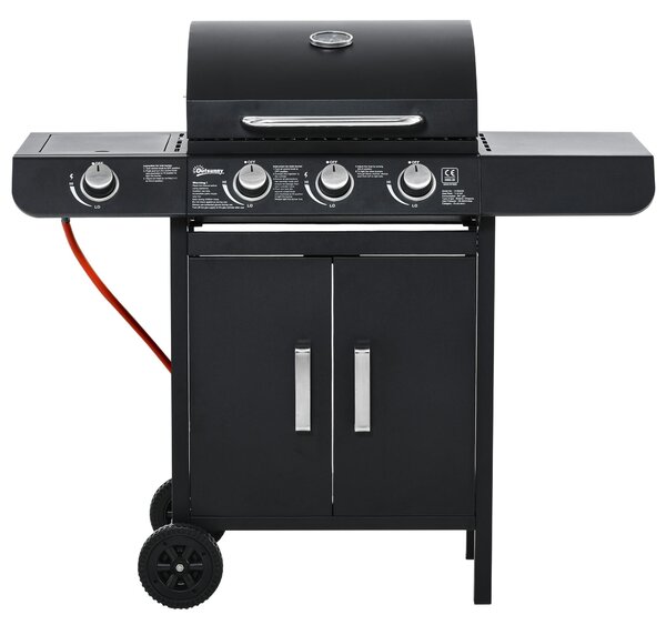Barbecue a gas con 3 bruciatori principali + 1 bruciatore laterale, ripiano, acciaio inox, nero, 110 x 50 x 100 cm
