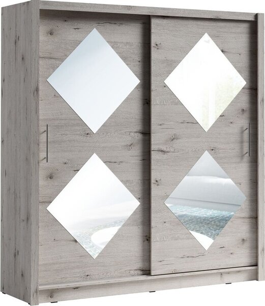 Armadio 2 porte scorrevoli 205 cm con 4 specchi quadrati - rovere Wellington - Collezione OZZULA