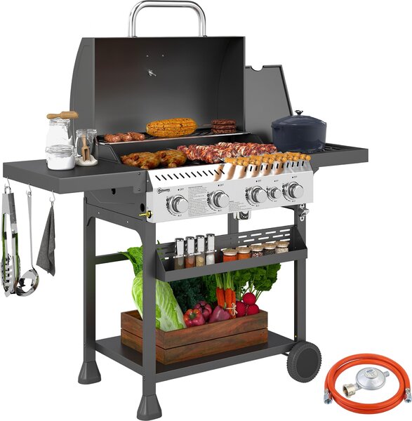 Barbecue a gas, griglia BBQ, 4 bruciatori principali, 1 bruciatore laterale, 1 piastra riscaldante; 135 x 55 x 103 cm, nero
