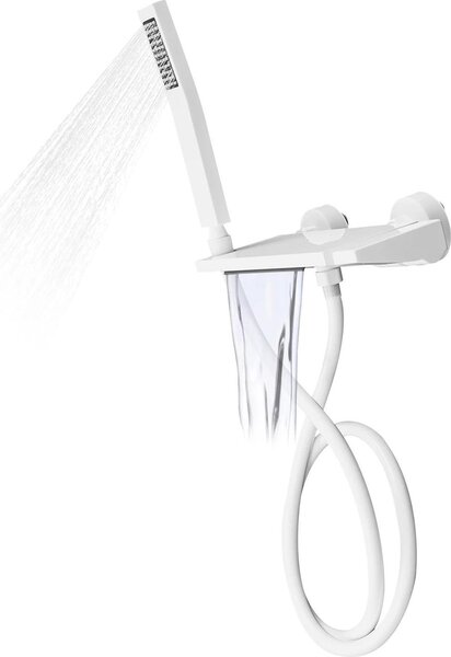 Rubinetto per vasca da bagno da montare a parete, con erogatore a cascata, miscelatore monocomando, dotato di doccetta manuale, in ottone, per acqua calda e fredda, con finitura verniciata bianca