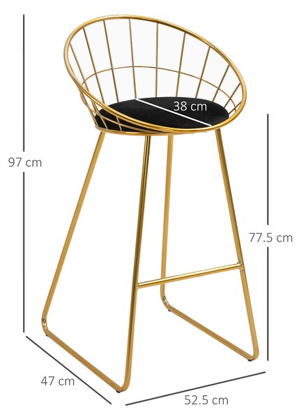 HOMCOM Set 2 Sgabelli da cucina e bar Alti con Schienale e Poggiapiedi, Cuscino in Velluto e Struttura in Metallo, Nero e Oro|Aosom| Aosom Italy