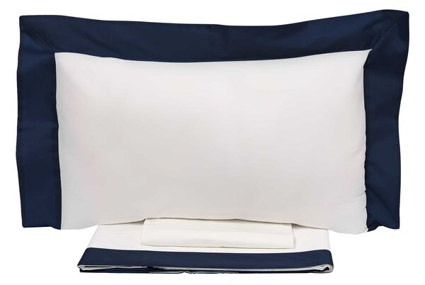 Set Lenzuola Sopra Sotto e Federe Bordi in Raso Garrini Eveline Avorio/Blu Varie Misure