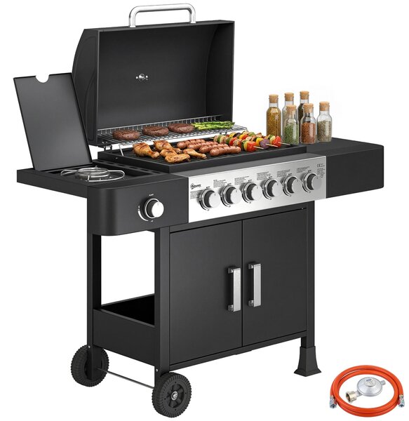 Griglia a gas da 17,8 kW con 6+1 bruciatori, carrello per barbecue in acciaio inossidabile, completo di ruote, bruciatore laterale, termometro, griglia in smalto