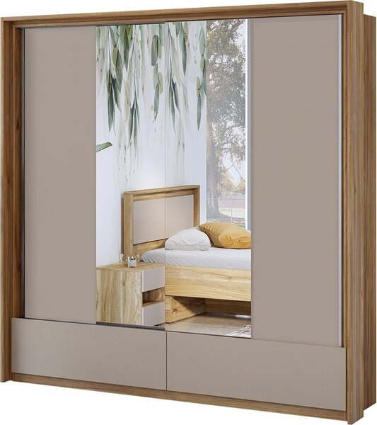 Armadio 2 porte con specchi, 2 cassetti, guardaroba e 5 scaffali color quercia e beige