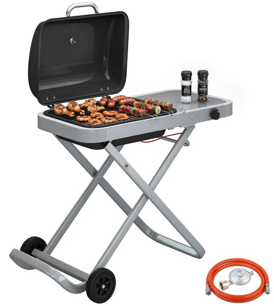 Barbecue a gas portatile a 1 bruciatore da 2,5 kW con carrello pieghevole, griglia, tavolino laterale, coperchio e termometro