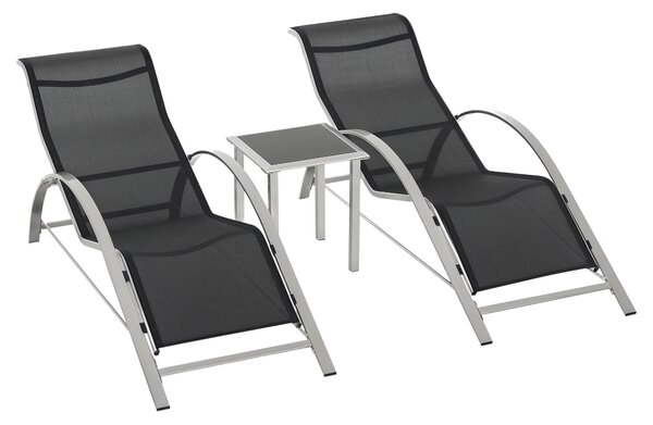 Outsunny Sdraio da Giardino Set 2 Lettino Prendisole con Tavolino con Vetro, Lettini Prendisole con Tessuto Traspirante 59x169x66cm, Nero|Aosom
