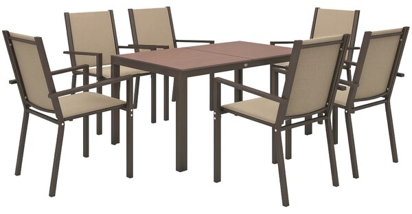 Outsunny Set da Giardino 7 Pezzi in Plastica con 6 Sedie Impilabili e Tavolo Rettangolare, Kaki e Marrone | Aosom Italy