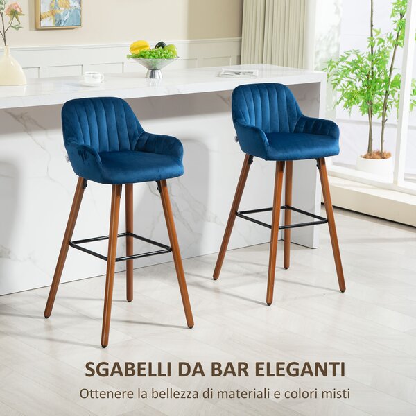 HOMCOM Set 2 Sgabelli da Bar Moderni in Velluto con Schienale e Braccioli, Base in Legno e Poggiapiedi, Blu Scuro