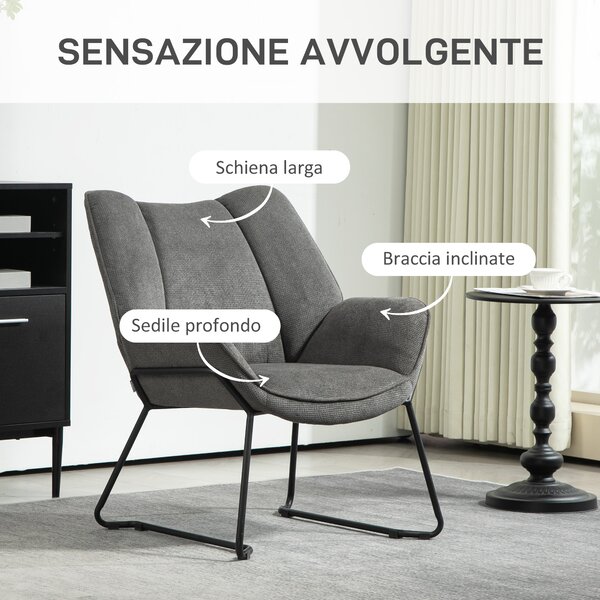 HOMCOM Poltrona d'Arredo con Braccioli Inclinati, in Tessuto Effetto Lino e Acciaio, 71.5x67x79 cm, Grigio