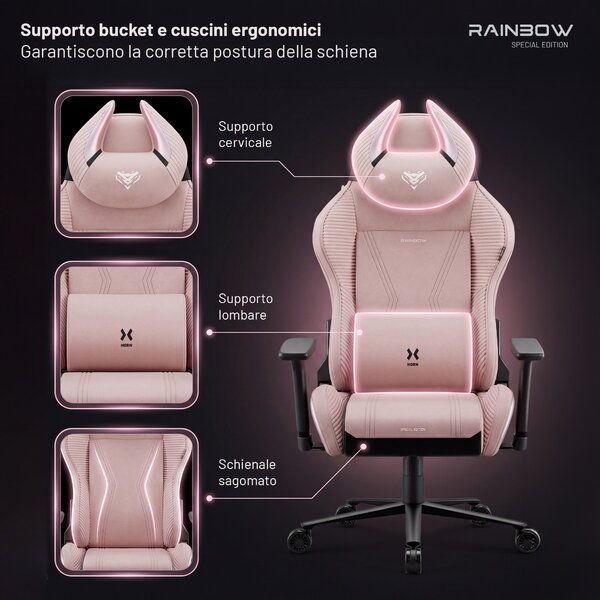 Sedia gaming rosa in tessuto X-Horn 2.0 Rainbow Pink, Normal