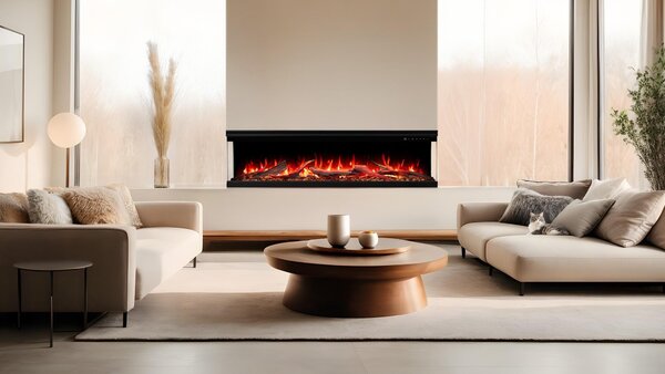 Camino elettrico a tre lati AFLAMO Unique 140 PRO – effetto fiamma premium – da appendere a parete e da incasso – 140x39x20 cm – camino a LED con riscaldamento 750/1500 W