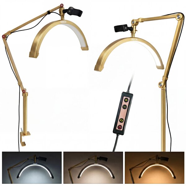 Lampada estetica Moon per extension ciglia LED senza ombre da scrivania con base a morsetto dorata