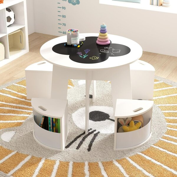 Costway Set tavolo e sedie per bambini 5 pezzi per design salvaspazio, Tavolo rotondo con sgabelli con ripiano di stoccaggio Bianco