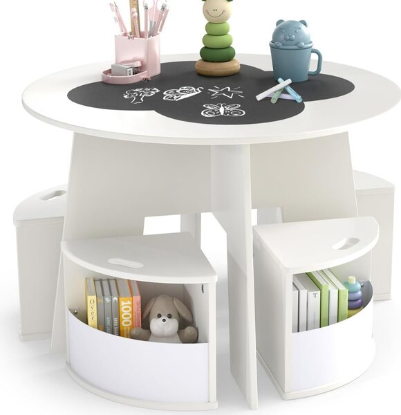 Costway Set tavolo e sedie per bambini 5 pezzi per design salvaspazio, Tavolo rotondo con sgabelli con ripiano di stoccaggio Bianco