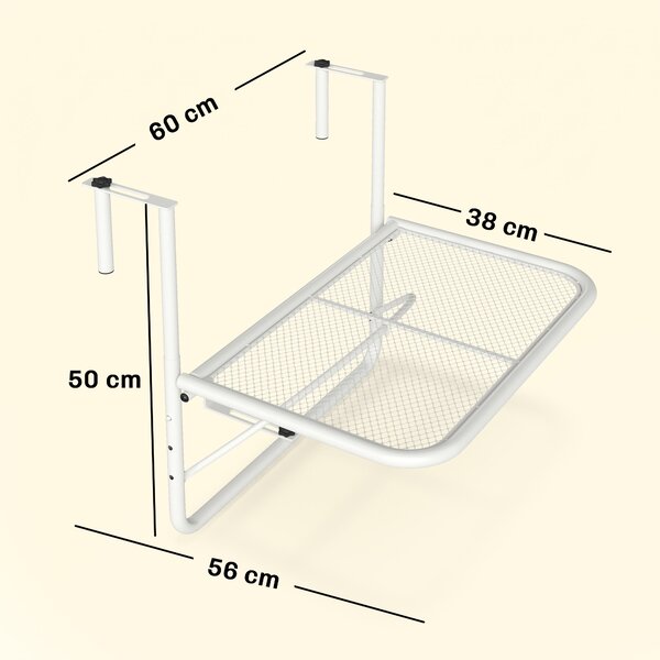 Outsunny Tavolo da Ringhiera Altezza Regolabile, 3 Livelli, in Metallo, Spazio Salvaspazio, 60x56.5x45cm, Bianco|Aosom