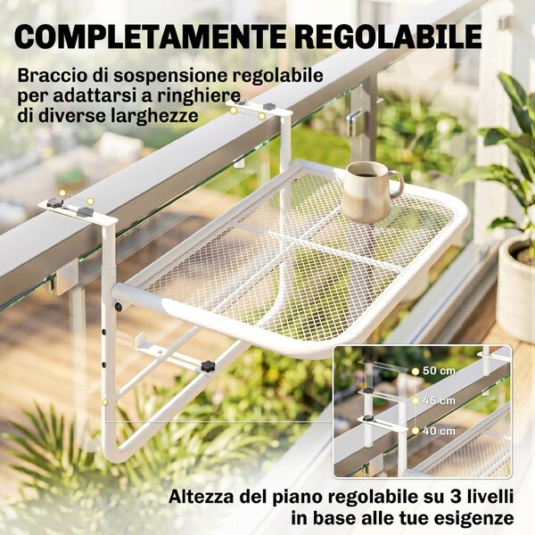 Outsunny Tavolo da Ringhiera Altezza Regolabile, 3 Livelli, in Metallo, Spazio Salvaspazio, 60x56.5x45cm, Bianco|Aosom