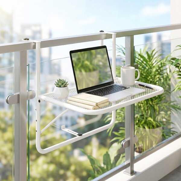 Outsunny Tavolo da Ringhiera Altezza Regolabile, 3 Livelli, in Metallo, Spazio Salvaspazio, 60x56.5x45cm, Bianco|Aosom