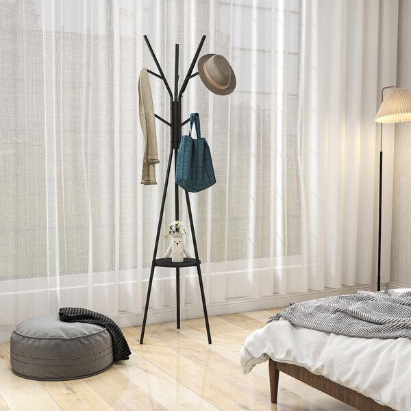 HOMCOM Attaccapanni da Terra in Metallo 180cm, 9 Ganci, 1 Ripiano, Base Triangolare, Ideale per Soggiorno, Camera da Letto, Ingresso, Nero | Aosom
