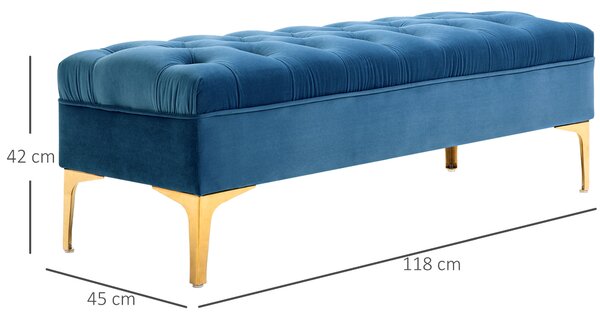 HOMCOM Panca Imbottita Fondoletto in Tessuto Vellutato, Panca per Camera da Letto e Ingresso con Decorazione a Trapunta, Piedini in Metallo, Blu|Aosom