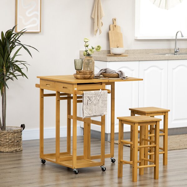 HOMCOM Carrello da Cucina con Tavolino Pieghevole e 2 Sgabelli, Ruote e Cassetti in Legno di Bambù | Aosom Italy