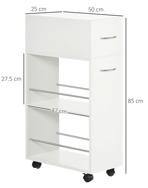 HOMCOM Carrello da Cucina in Truciolato e Acciaio Inox con 2 Ripiani Aperti, Cassetto Estraibile e Parapetti Anticaduta, 25x50x85 cm, Bianco|Aosom