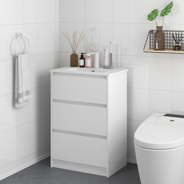 Kleankin Mobiletto Bagno a 2 Cassetti in Truciolato con Lavabo in Ceramica Sintetica, 61x37x88 cm, Bianco