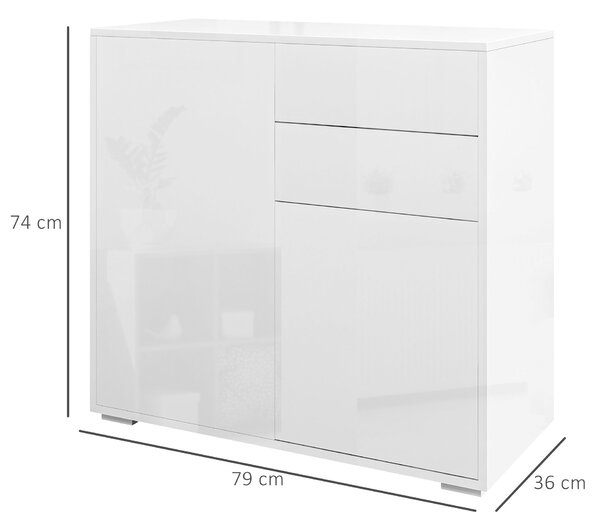 HOMCOM Credenza Moderna con 2 Armadietti e 2 Cassetti con Apertura a Pressione, 79x36x74cm, Bianco Lucido