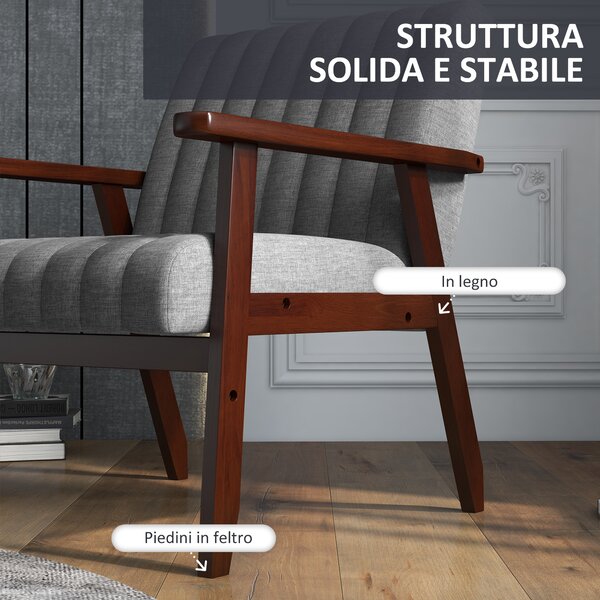 HOMCOM Poltroncina da Camera Moderna Imbottita in Tessuto e Legno con Cuciture Tubolari, Grigio|Aosom