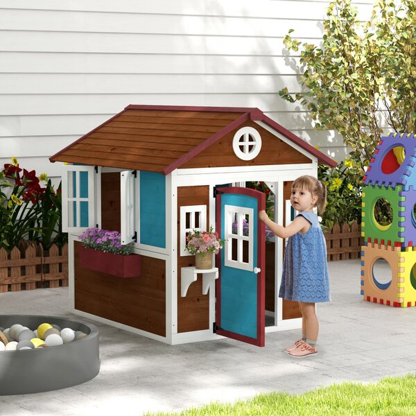 Outsunny Casetta per Bambini 3-8 Anni con Tetto Inclinabile, Vasi e Fioriere, in Legno di Abete, 114x126.4x135 cm|Aosom