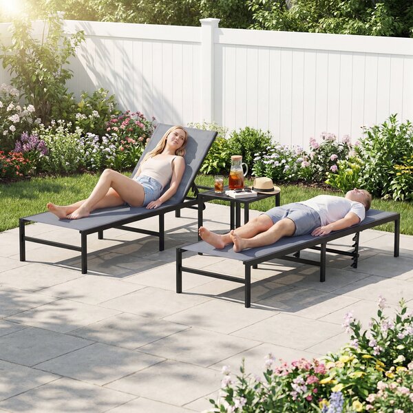 Costway Set di 2 sedia a sdraio regolabile con schienale a 6 posizioni, Sdraio in ferro e tessuto per piscina spiaggia patio Grigio