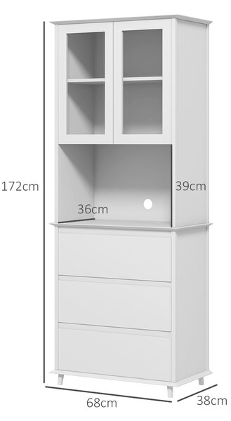 HOMCOM Dispensa Cucina Alta con Armadietto a 2 Livelli e 3 Cassetti, in MDF, 68x38x172 cm, Bianco|Aosom