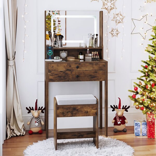 Costway Piccolo tavolo da trucco con 3 modalità di illuminazione e sgabello imbottito, Toeletta con specchio e luci Marrone